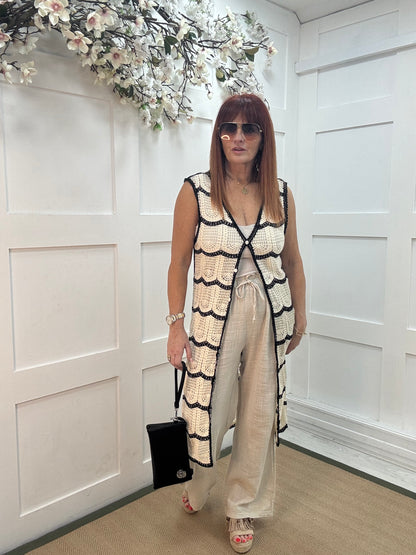 Cici: Cream longline crochet waistcoat. One size: 10-14