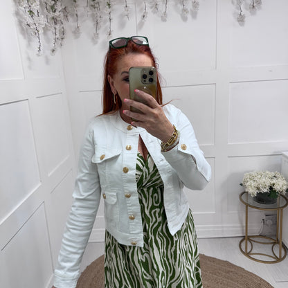 Margot: White military button denim jacket. Sizes: 10-20
