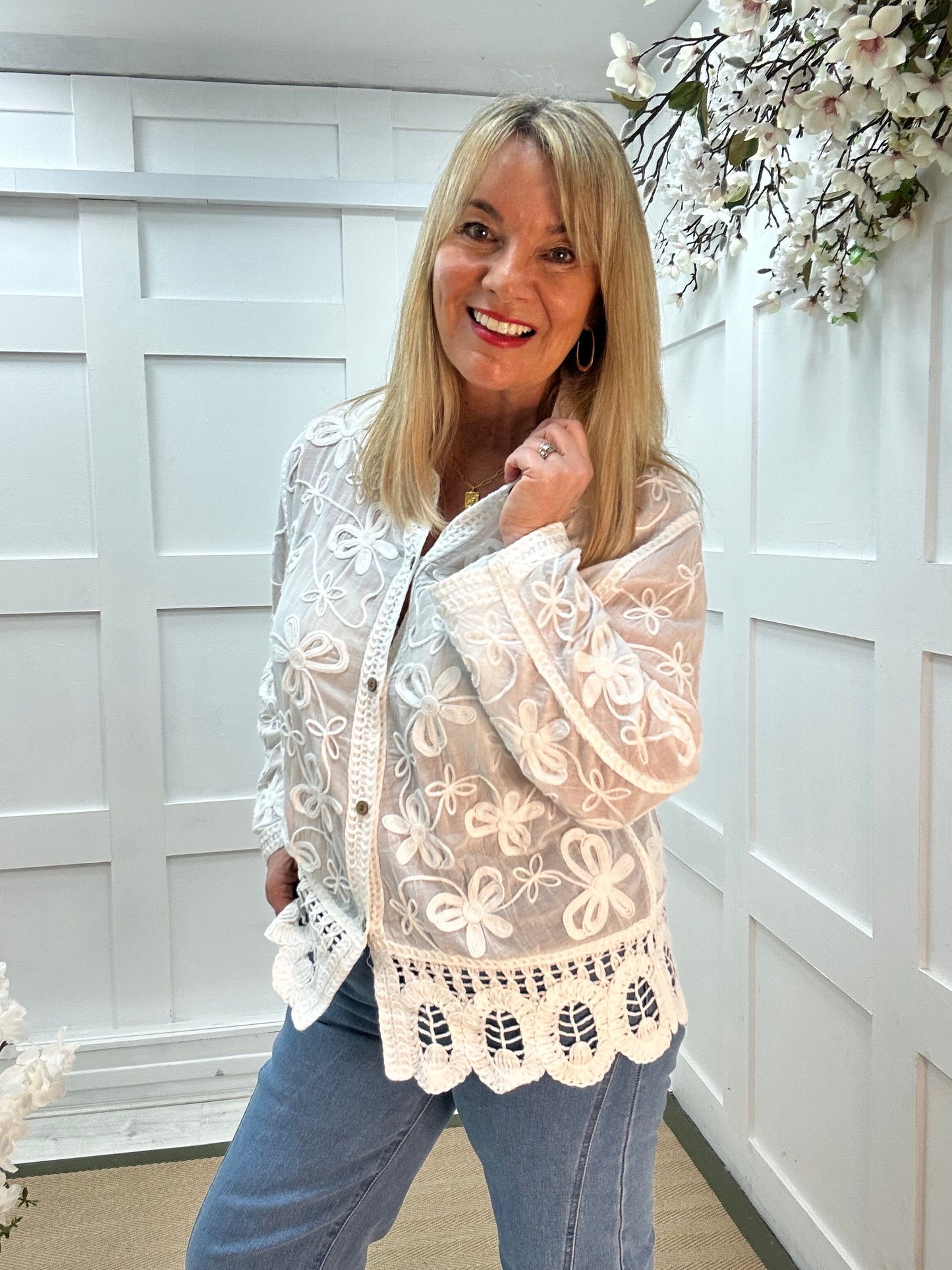 Talia: White long cotton floral crochet shirt . One size: 12-16