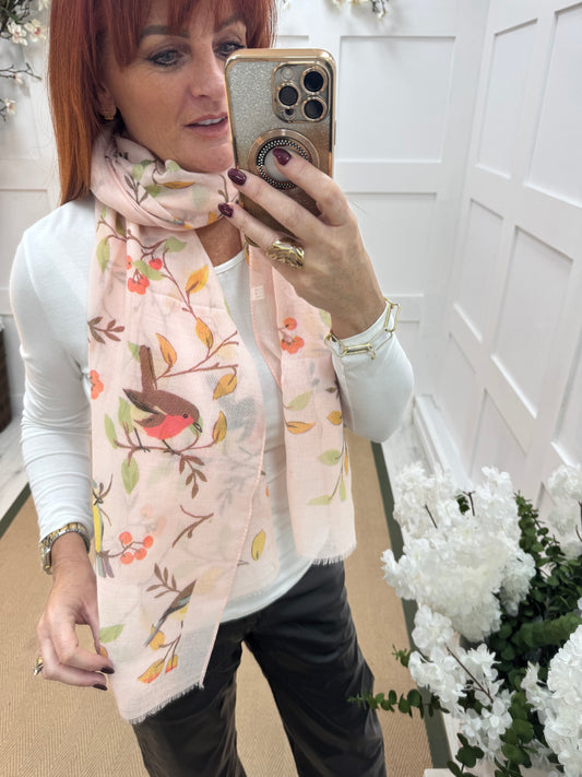 Robyn: Blush pink robin & blue tit bird scarf