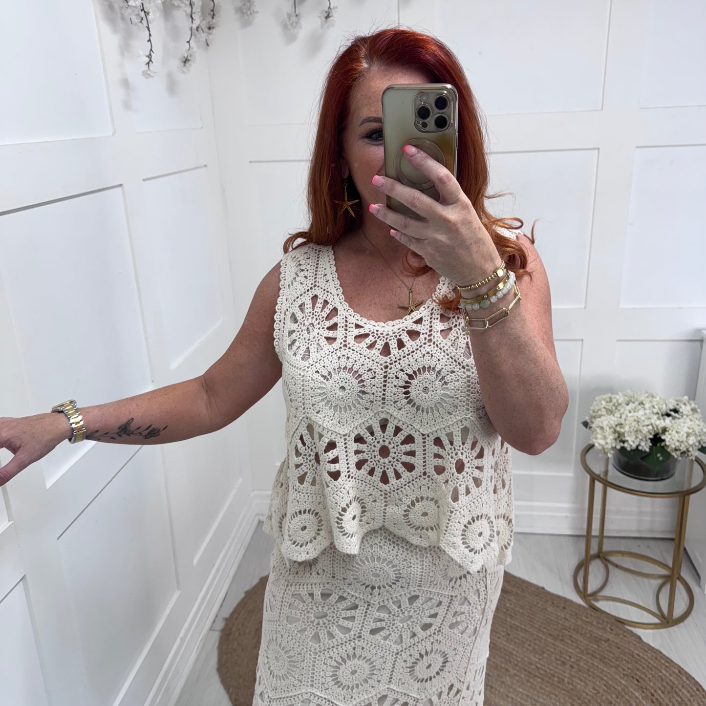 Stella: Cream crochet vest top. One size: 12-18