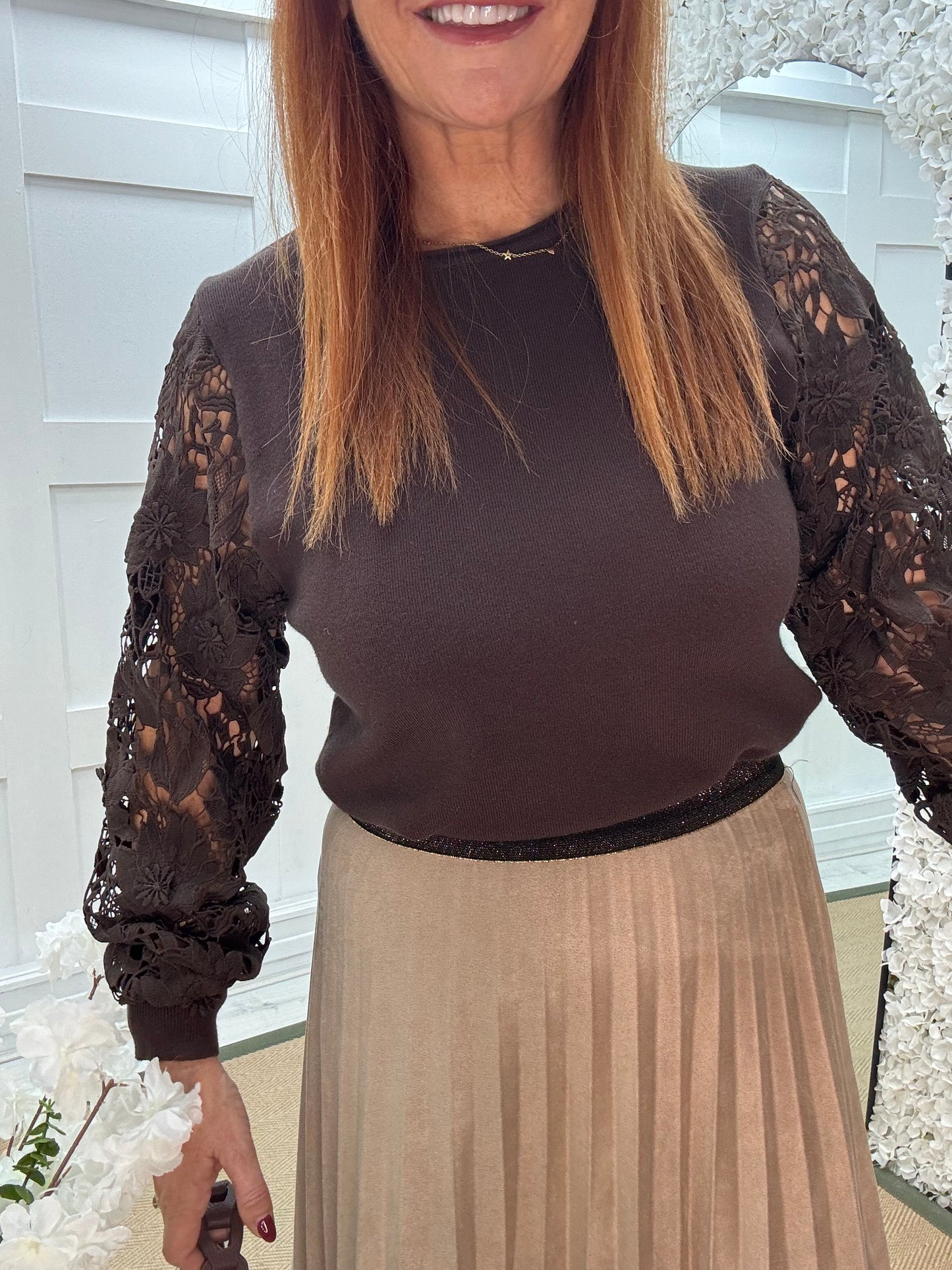 Gemma: Brown crochet balloon sleeve top. One size 12-16