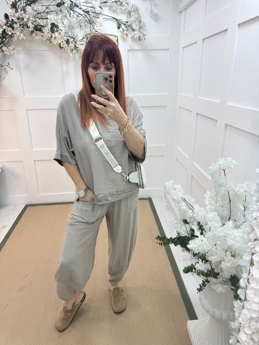 Bobbie: Mocha two piece silky trim trouser set. One size: 10-16