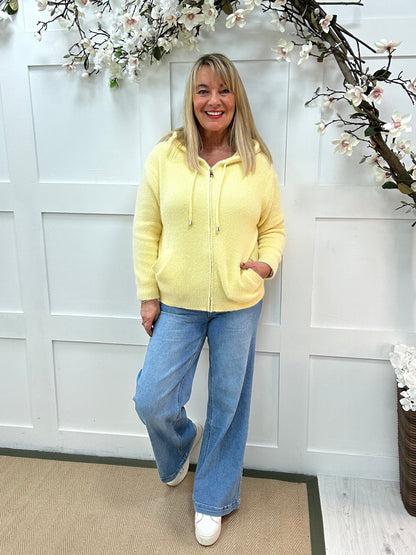 Teddi: Lemon soft knit zip up hooded top. 2 sizes.