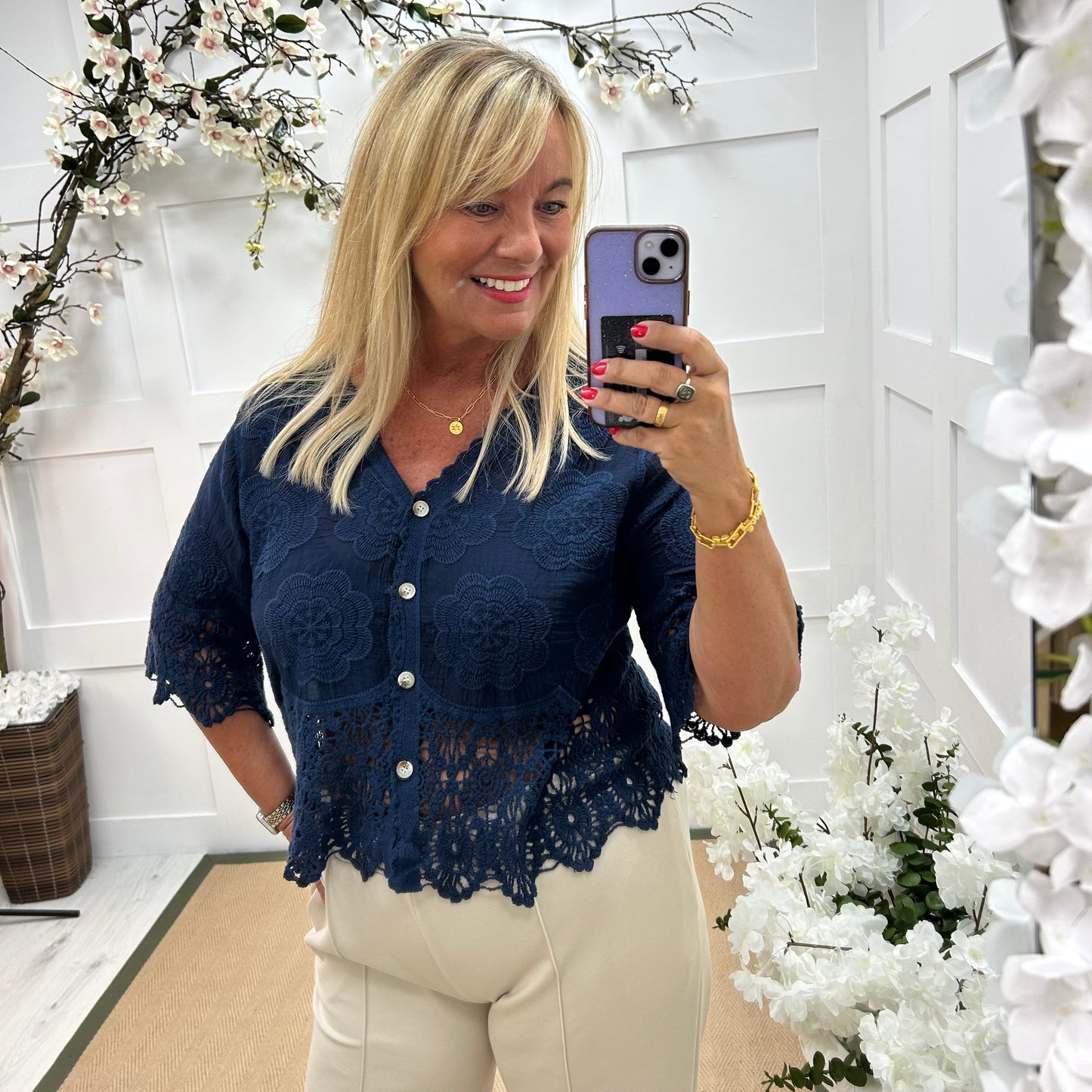 Effie: Navy embroidered cardigan top. One size: 12-18