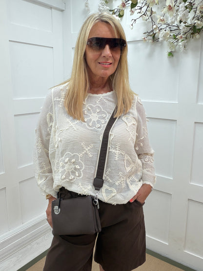 Sylvie: Embroidered long sleeve top. One size 12-18. 2 colours