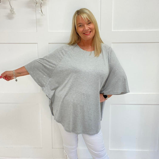 Dina: Grey batwing oversized top with diamantés. One Size: 14-28