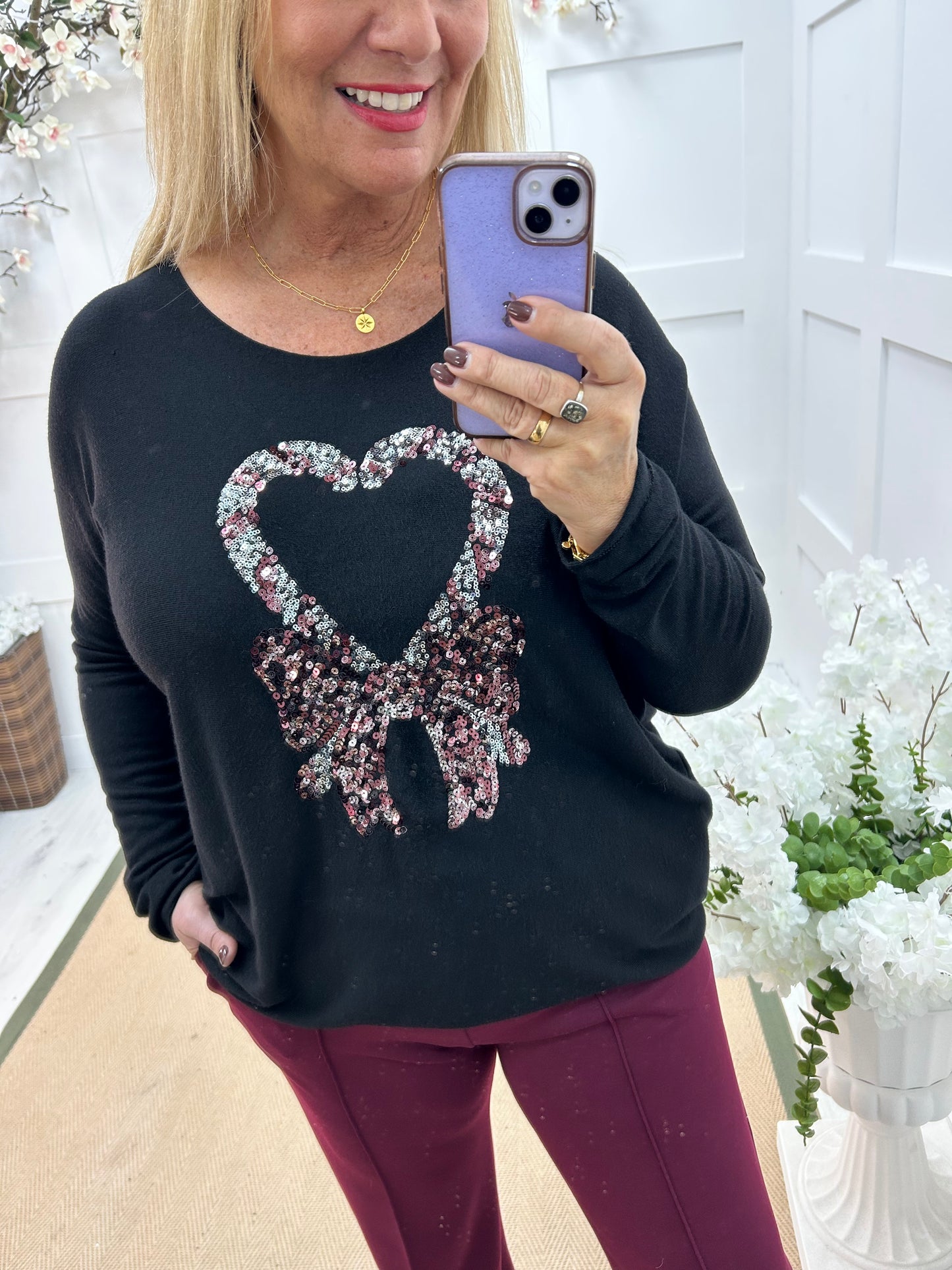 Harmony: Black sequin Christmas candy cane top. One size: 14-18