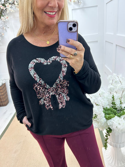 Harmony: Black sequin Christmas candy cane top. One size: 14-18