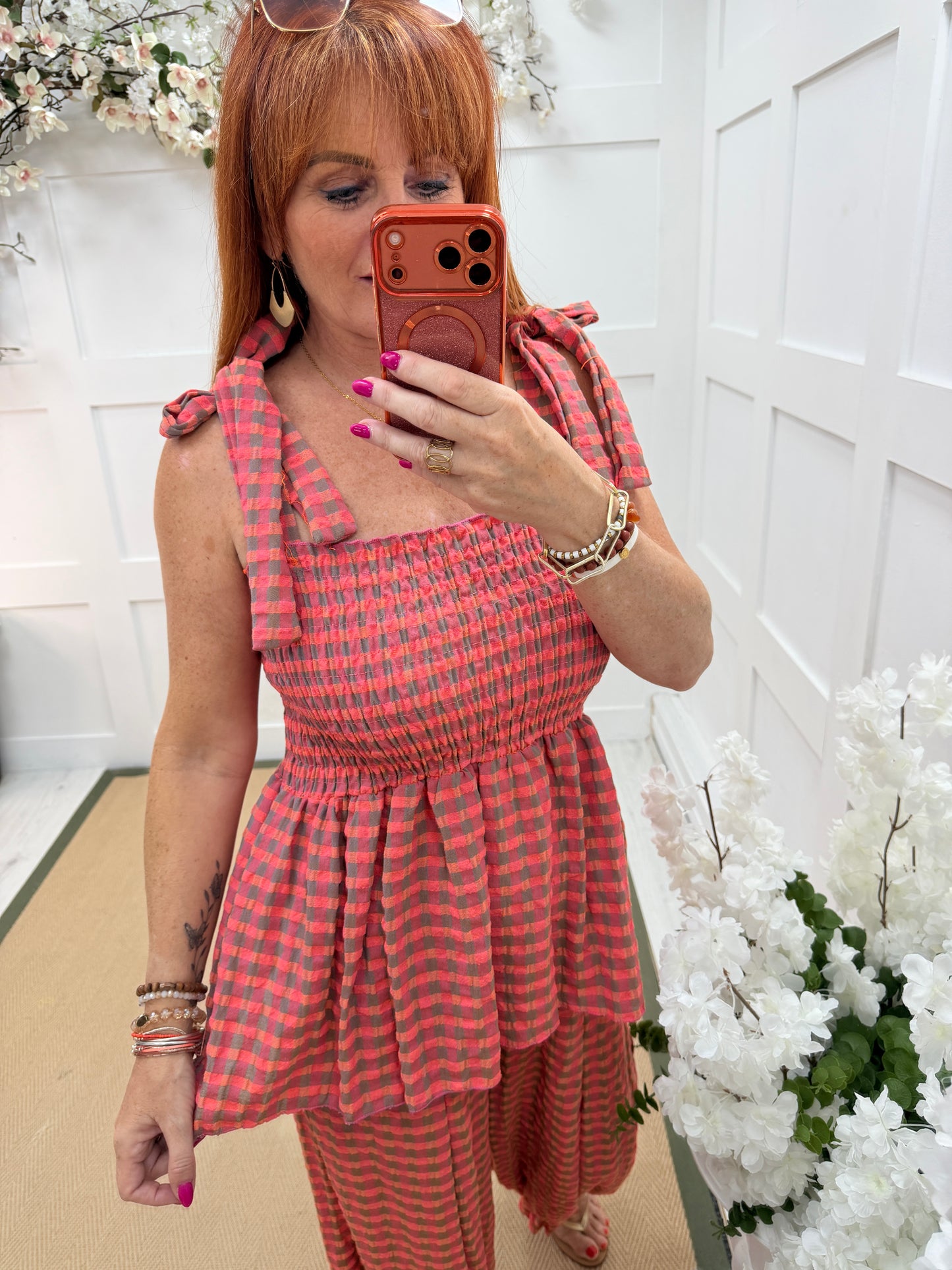 Georgie: Gingham shirred peplum tie top. One size: 8-16. 3 colours
