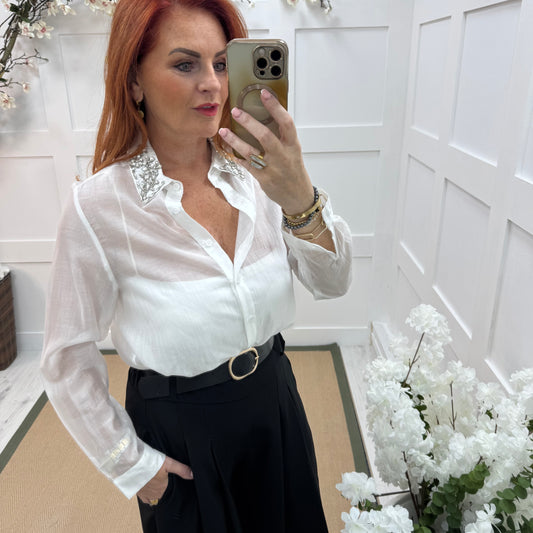 Azira: White rhinestone collar sheer shirt. One size: 10-16