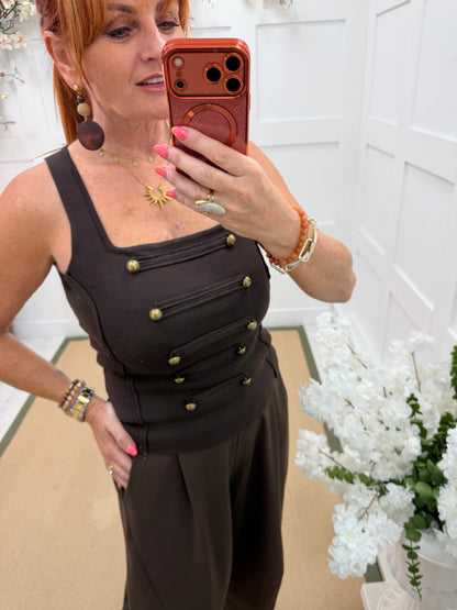 Remi: Brown military knit vest top. One size: 8-14