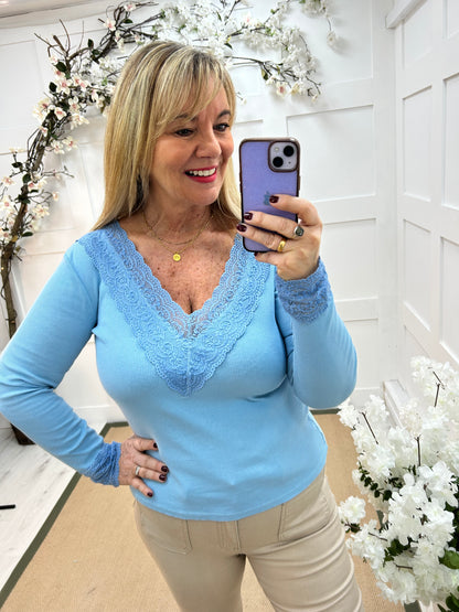 Leonie: Blue V neck lace ribbed top. One Sz: 12-16