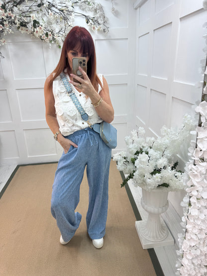Leanne: Blue wide leg trousers. One size: 10-14