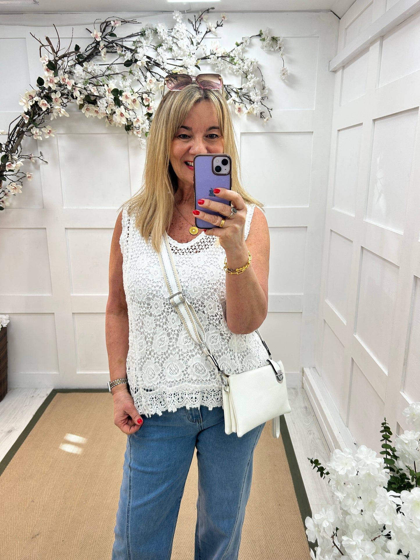 Morgan: White floral crochet lace sleeveless top. One size: 12-16