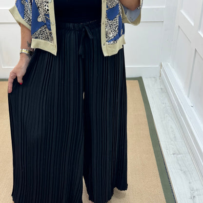 Payton: Black pleated wide leg trousers. One size: 12-22/24