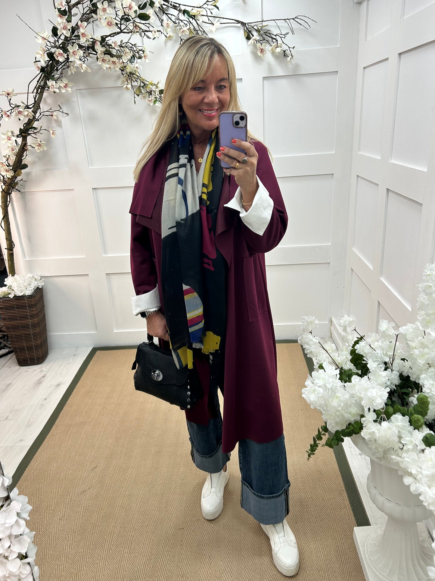 Marlowe: Burgundy waterfall coat with pockets. One size 14-20