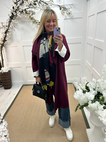 Marlowe: Burgundy waterfall coat with pockets. One size 14-20