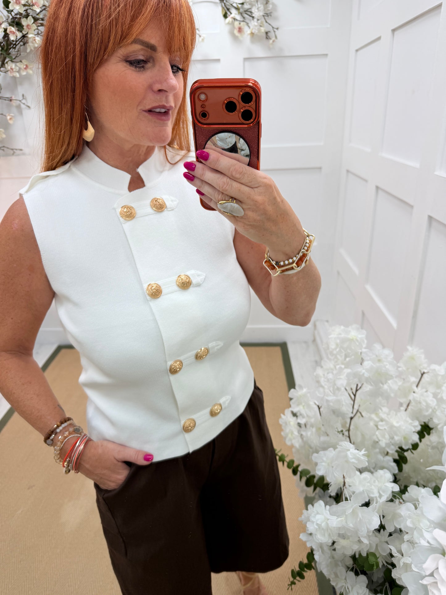 Goldie: Military gold buttoned top. One size: 12-16. 2 colours