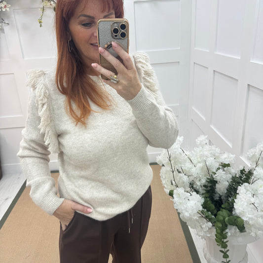 Carmel: Cream fringe knitted top. One size: 10-16