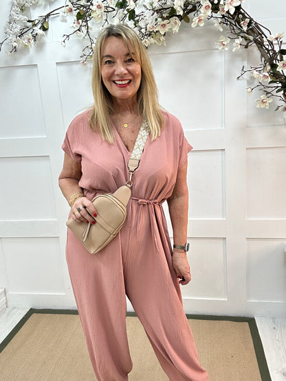 Lily: Soft pink plus Size V-neck jumpsuit. One Size 16-20