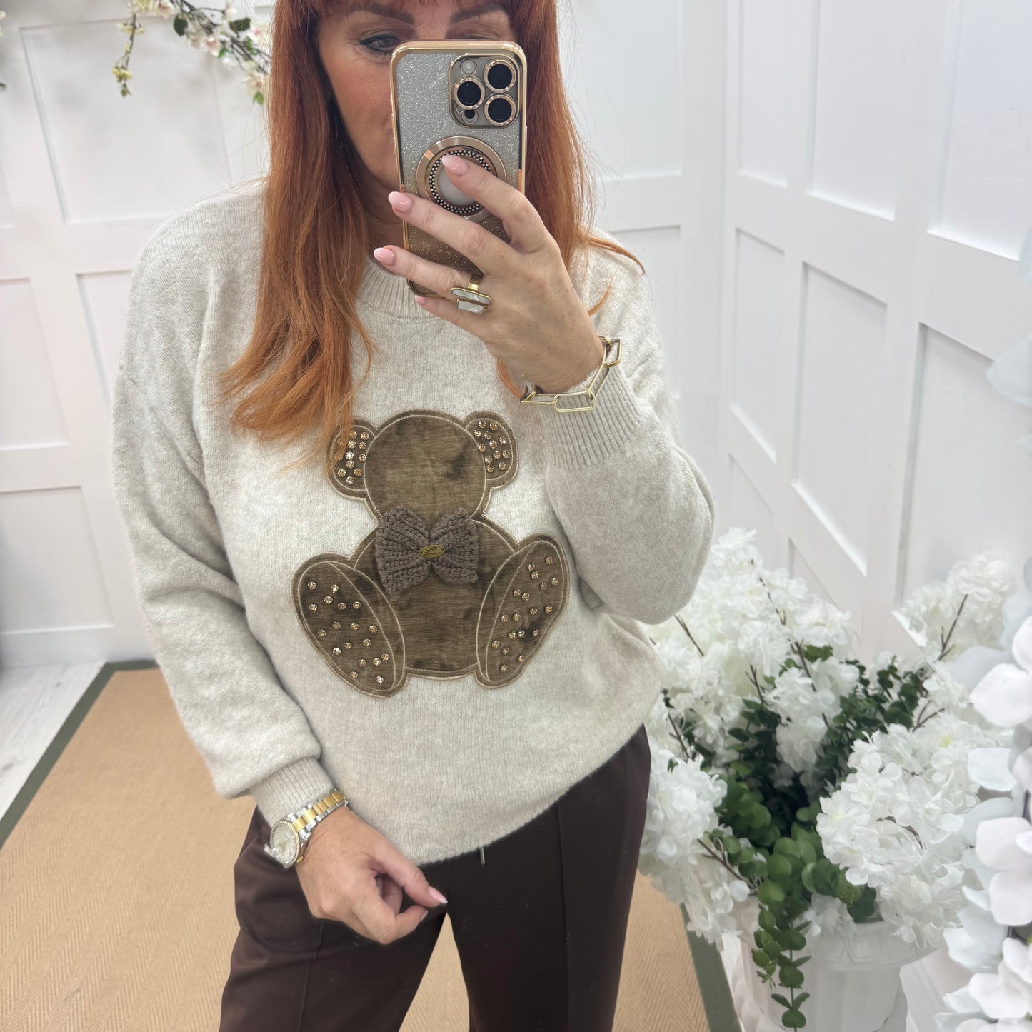 Trinity: Beige big teddy bear knitted top. One size: 12-18