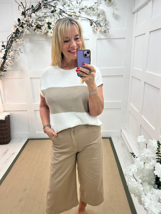 Selma: White & stone block stripe top. One size: 12-18