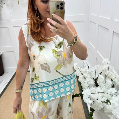 Bobbie: Blue silky floral print vest top. One size: 10-16/18