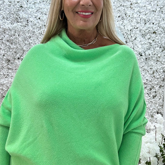 Marcie: Neon lime asymmetrical plain slouch soft knit top. One size 10-18