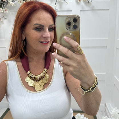 Petra: Burgundy & gold coin scarf statement necklace