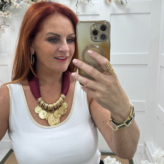 Petra: Burgundy & gold coin scarf statement necklace