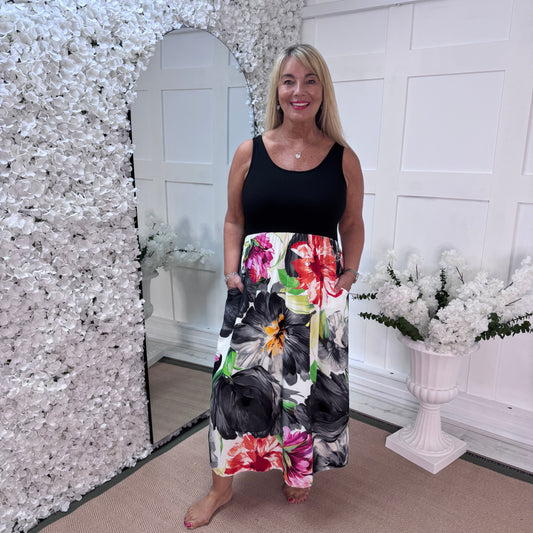 Hallie: Black multi floral vest dress. One size 10-18