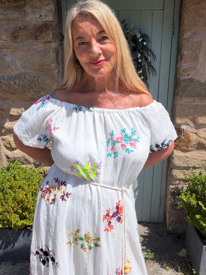 Minnie: Multicoloured embroidered floral bardot maxi dress. One size: 12-16