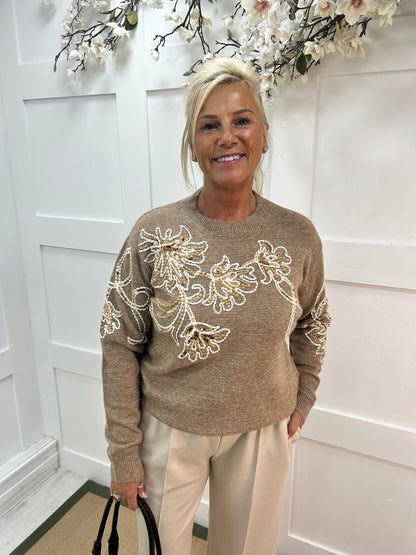 Honey: Sand sequin floral knit top. One size: 10-16