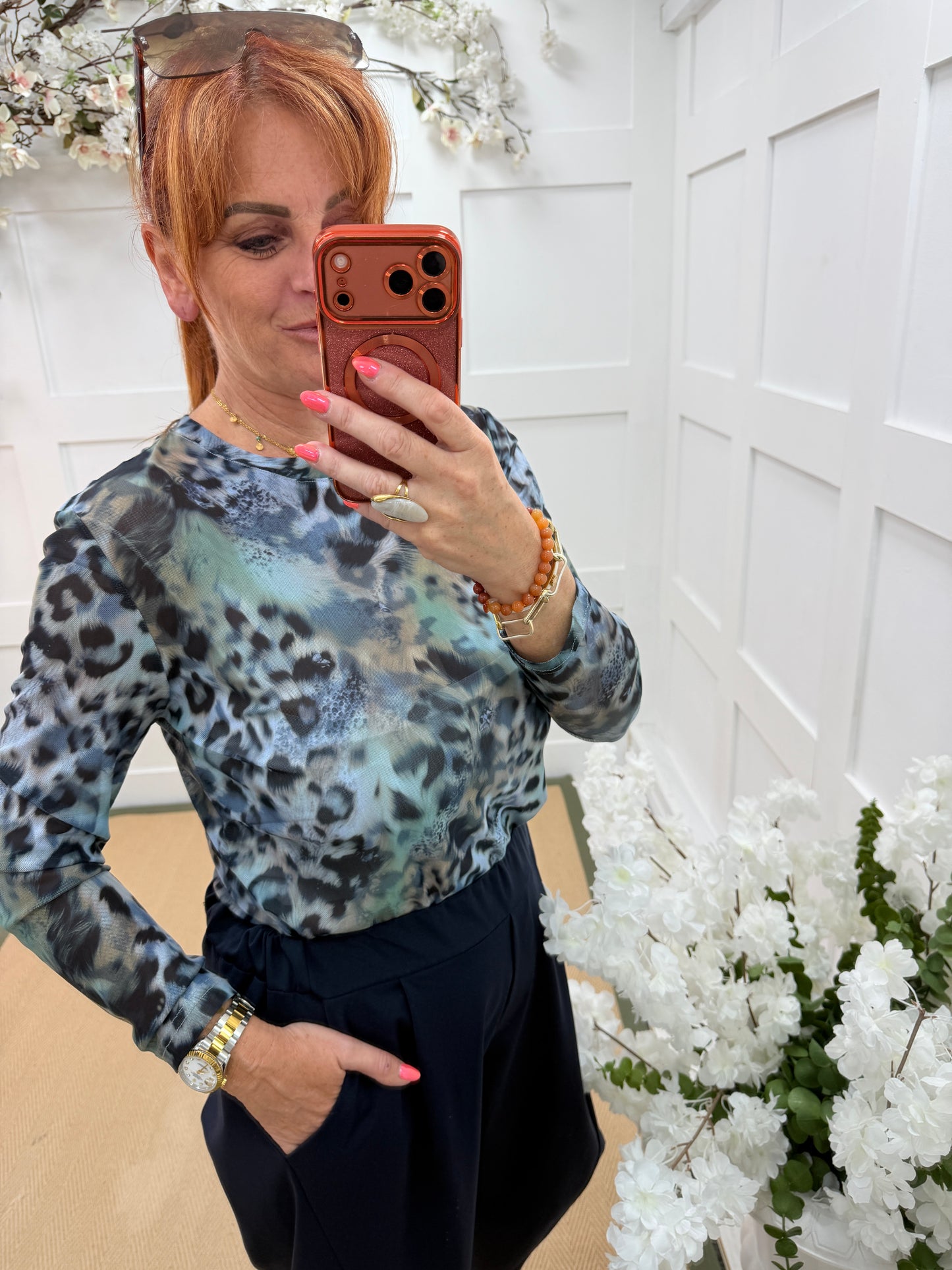 Pamela: Leopard print sheer mesh top. 10-18