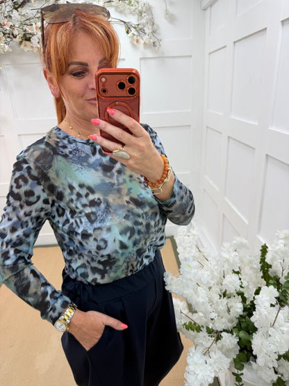 Pamela: Leopard print sheer mesh top. 10-18
