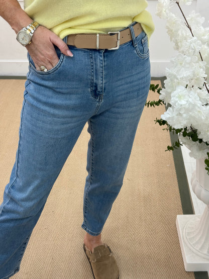 Devon: Light blue belted balloon jeans. Sizes: 8-16