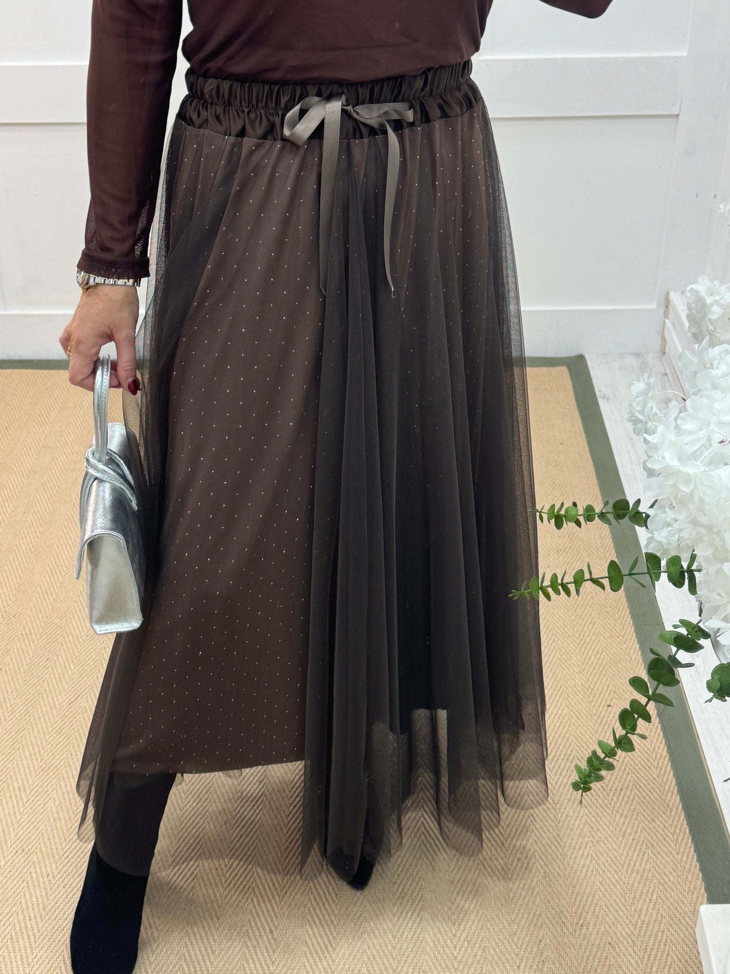 Linzi: Brown diamanté tulle net skirt. One size 12-18
