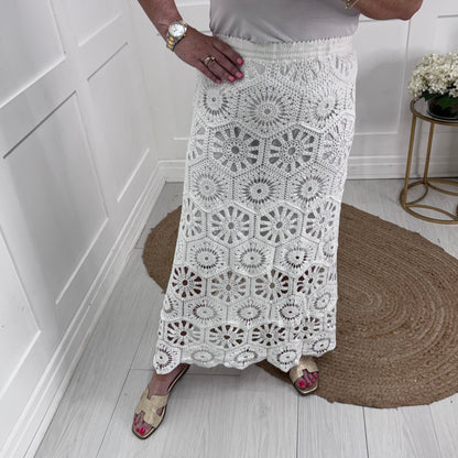 Meidi: White crochet maxi skirt. One size: 8-16