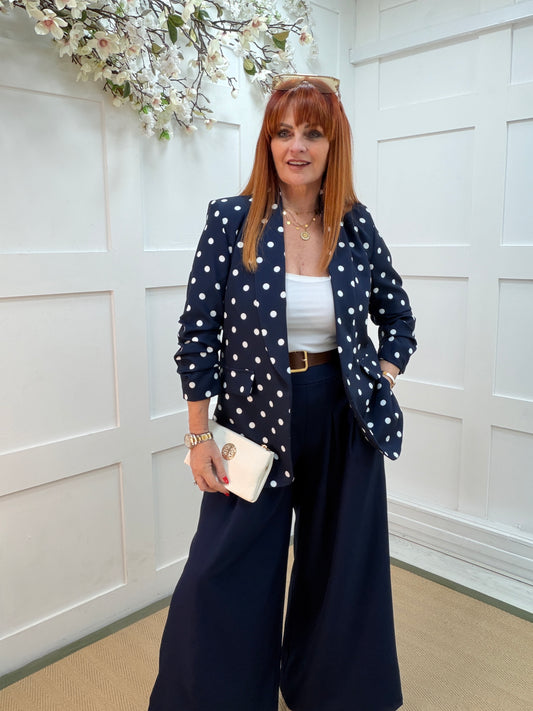 Binnie: Navy & white polka dot ruched sleeve blazer. Sizes 10-18