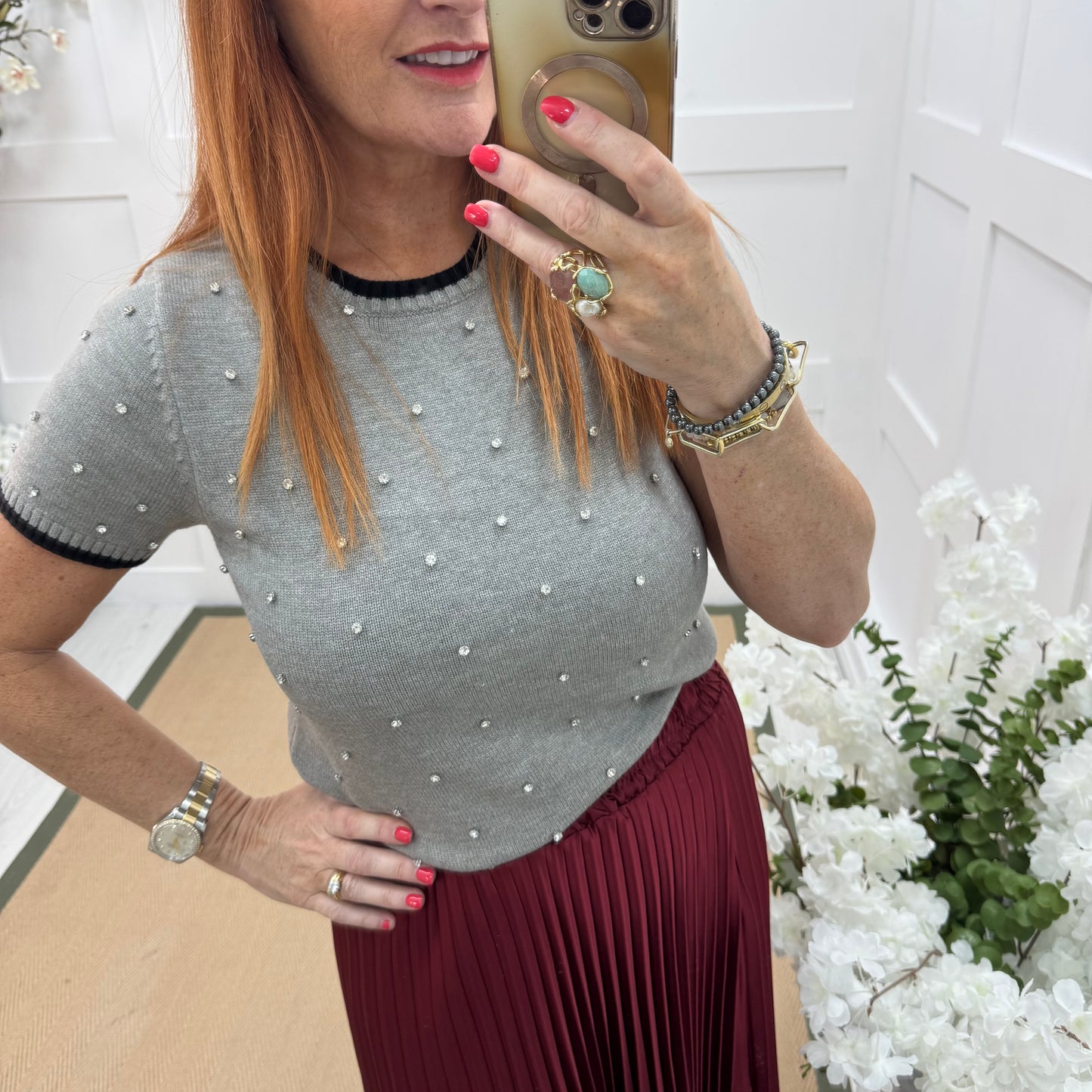 Noelle: Grey stretchy knit rhinestone top. 2 sizes