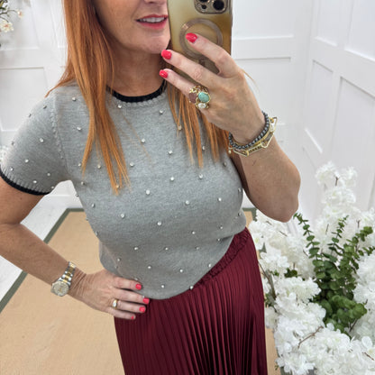 Noelle: Grey stretchy knit rhinestone top. 2 sizes