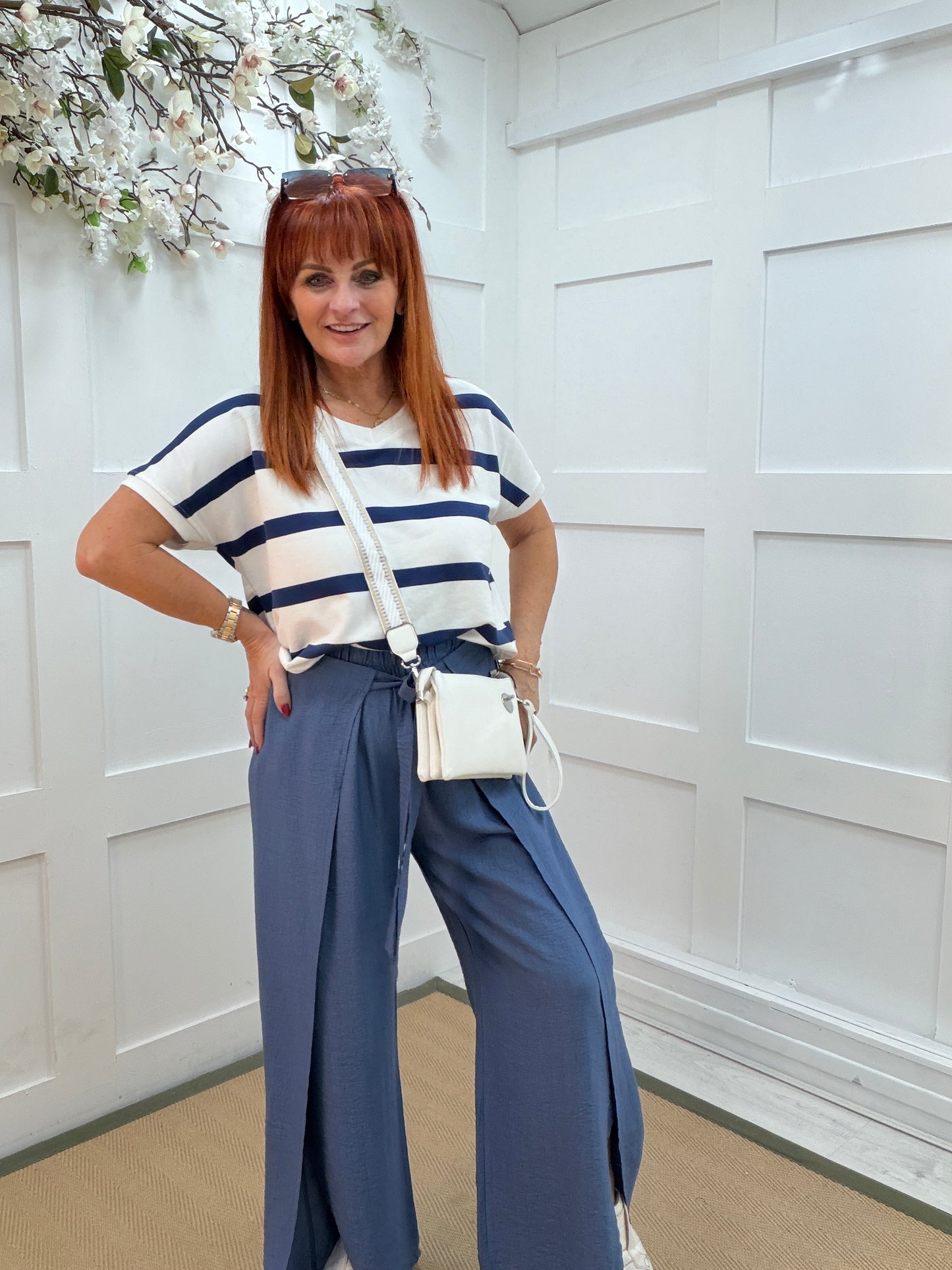 Eden: Denim blue tie waist wide leg trousers. One size: 10-16