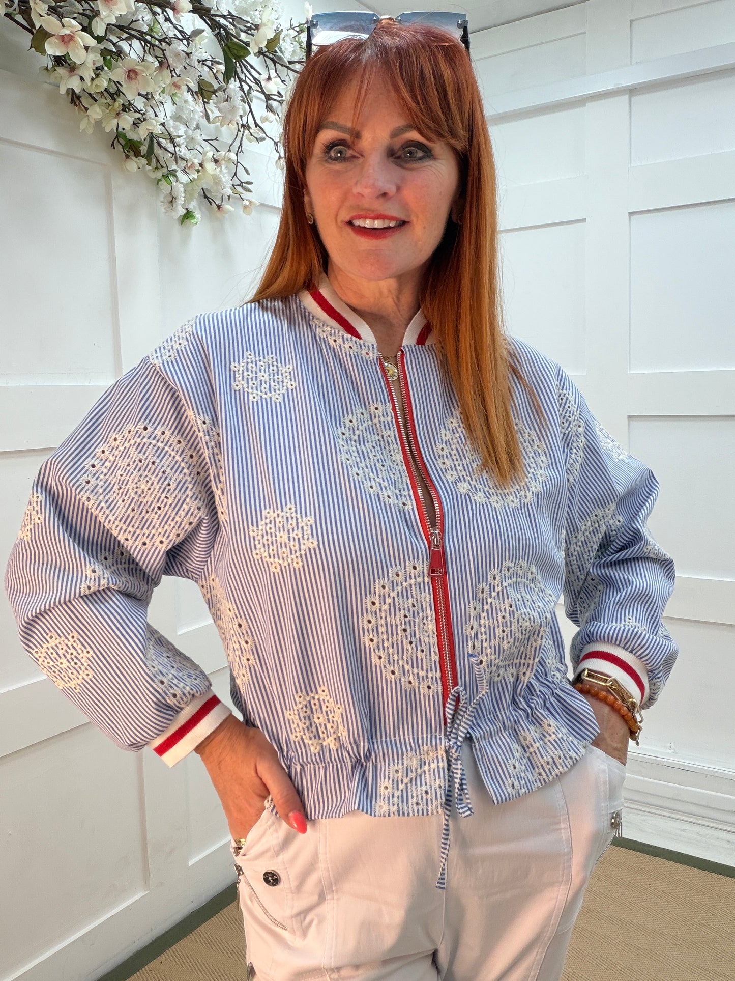 Kiki: Blue white stripe embroidered bomber jacket. One size: 10-14