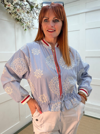 Kiki: Blue white stripe embroidered bomber jacket. One size: 10-14