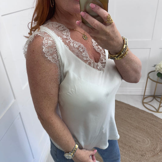 Sonia: Cream silky lace sleeveless top. One size 10-16