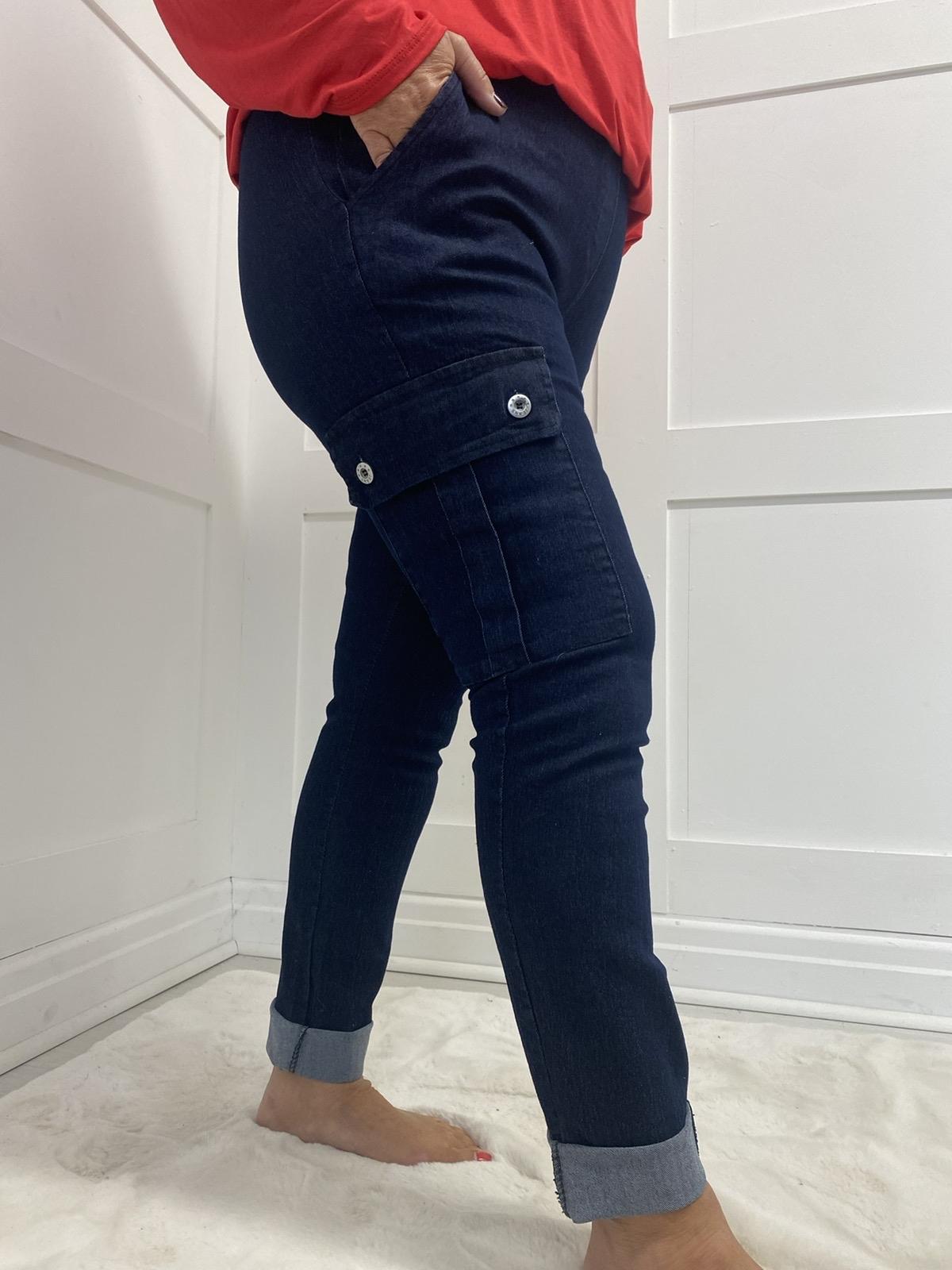 Cherry: Denim cargo stretchy high waisted trousers. 2 sizes