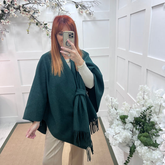 Candy: Forrest green wool fringe cape. Free size