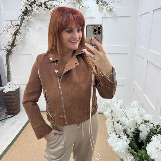 Dorita: Tan soft feel biker jacket. 3 sizes