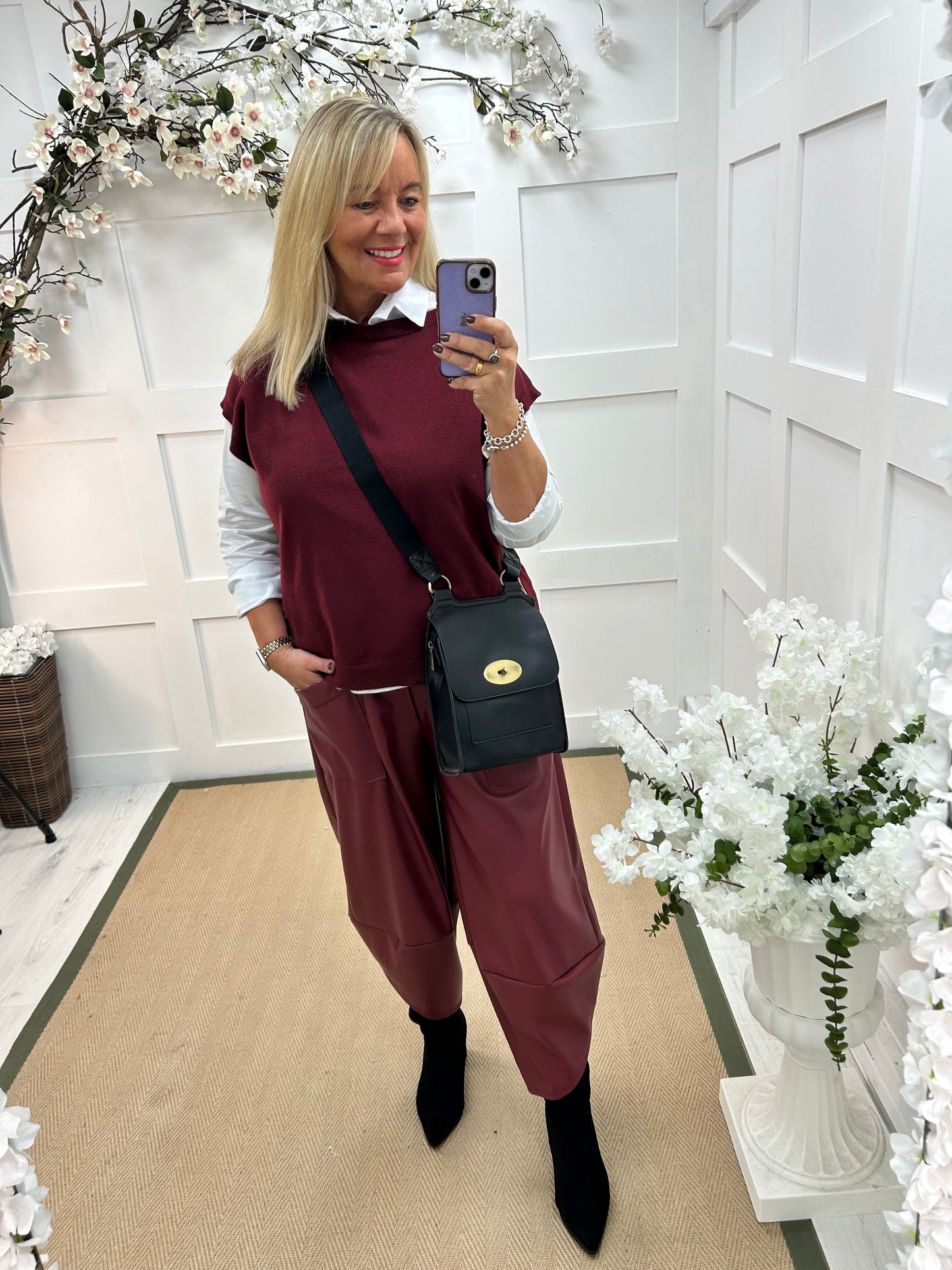 Lavina: Burgundy shirt layered knit. One Size: 10-18